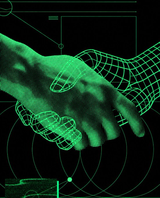 A neon green digital illustration depicts two wireframe hands shaking in a handshake, symbolizing a connection or agreement, which ties into the post's call for users to share their Ramp Network usernames to complete an onboarding step.