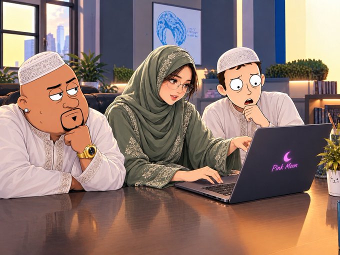 An illustration shows a woman in a green hijab and glasses typing on a laptop labeled 'Pink Moon,' flanked by two men wearing white caps who watch with skeptical expressions in an office setting.