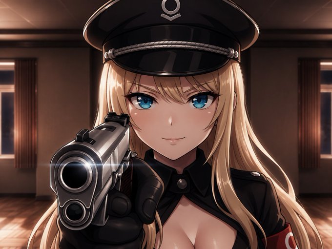 An anime-style blonde female character in a black military-style uniform and peaked cap with an insignia aims a handgun directly at the viewer in a dimly lit room. The image serves as a satirical "gooncoin" meme mascot, paired with the caption mocking the "incel" culture surrounding the $PLTR crypto token by portraying its supposed ideal waifu.