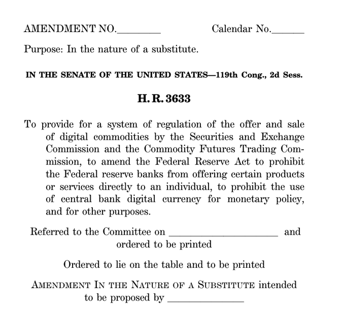 A document header for a Senate amendment from the 119th Congress, 2d Session, referencing H.R. 3633 regarding regulation of digital commodities by the SEC and CFTC and prohibiting central bank digital currency for monetary policy.