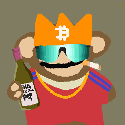 A pixel-art monkey wearing an orange Bitcoin crown, teal sunglasses, a gold chain, and red shirt, holding a bottle of wine and a cigarette.