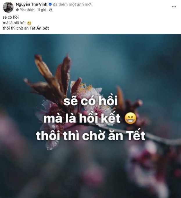 A Facebook post by Nguyễn Thế Vinh featuring a photo of blossoms with overlaid text in Vietnamese: 'sẽ có hòi mà lá hòi két 😂 thôi thì chờ ăn Tét'.
