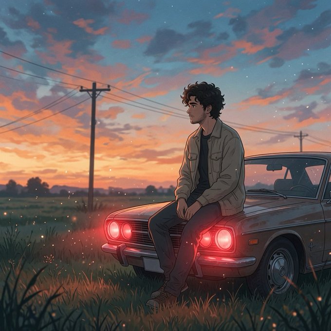 A young man sits on the hood of a car with glowing red headlights, gazing out over a quiet field at sunset, evoking a sense of calm amid the chaos of decentralized finance—just as Tria unifies fragmented wallets into one seamless balance across Base, Arbitrum, and Ethereum.