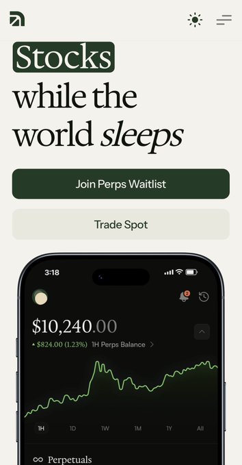 A mobile app screenshot showing a dark-themed trading interface with the text 'Stocks while the world sleeps', buttons to 'Join Perps Waitlist' and 'Trade Spot', and a portfolio value of $10,240.00 with a +$824.00 (1.23%) gain.