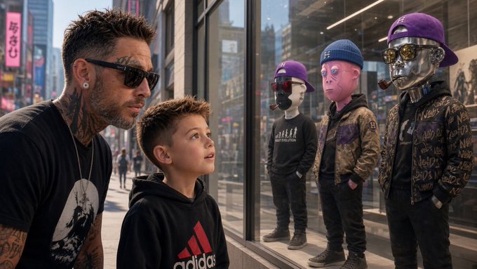 A tattooed man wearing sunglasses and a boy in an Adidas hoodie look through a store window at mannequins wearing purple caps and metallic/masks, appearing to be in a futuristic or themed retail display.