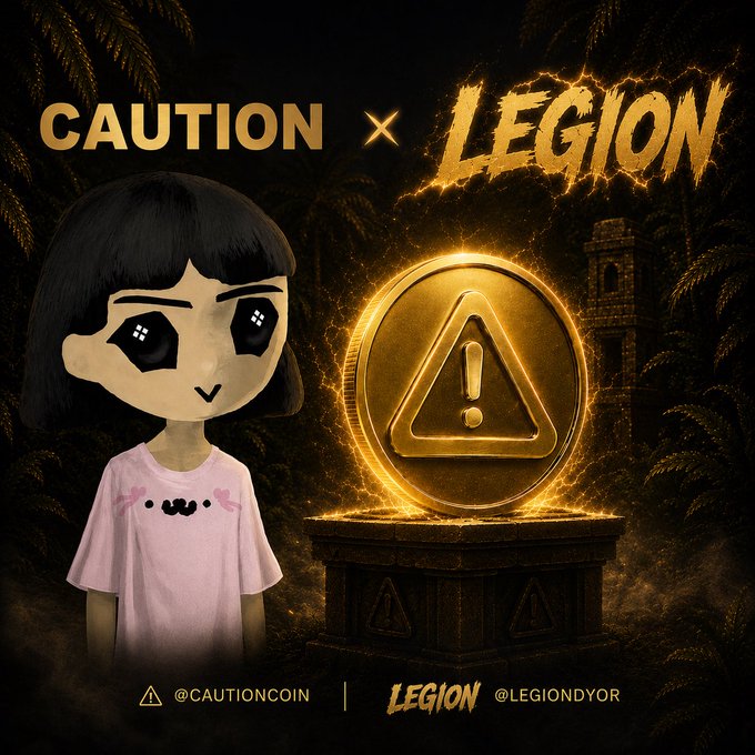 Promotional graphic for the "CAUTION × LEGION" crypto collaboration, featuring a dark-haired cartoon girl in a pink shirt beside a glowing golden caution coin on a pedestal, with handles "@CAUTIONCOIN" and "@LEGIONDYOR" displayed at the bottom. The image visually reinforces the post's focus on $CAUTION (@cautiontoken) and its partnership with Legion, highlighting the coin's "scam awareness" branding.