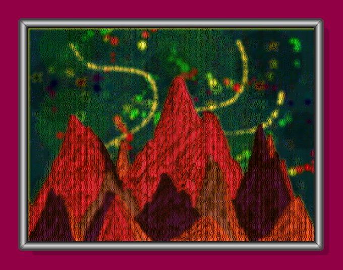 A framed abstract artwork depicting dark red mountain-like peaks against a green and dark background with yellow and red light streaks and dots, set against a deep pink/magenta border.