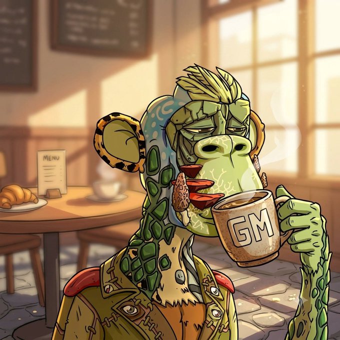 A cartoon-style illustration of a green, reptilian humanoid character with a mohawk, wearing a stitched green outfit, sipping coffee from a mug labeled 'GM' in a cozy café setting.