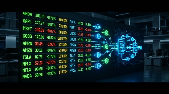 A digital display shows stock market tickers including NVDA, AAPL, MSFT, GOOG, AMZN, TSLA, and NFLX with their prices and percentage changes, alongside a glowing circuit diagram.