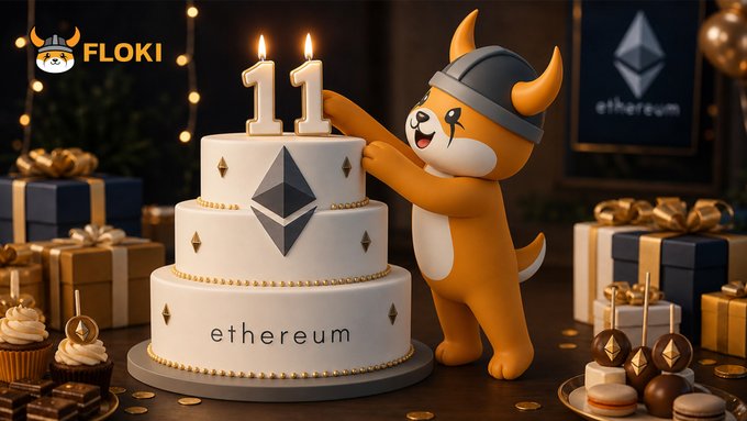 The Floki mascot, wearing a horned helmet, lights candles on a three-tiered white cake marked "ethereum" and topped with the number "11," celebrating Ethereum's 11th birthday with branded gifts and treats surrounding the scene. The "FLOKI" logo in the corner ties the celebration to the post's message about Floki's origins on Ethereum.