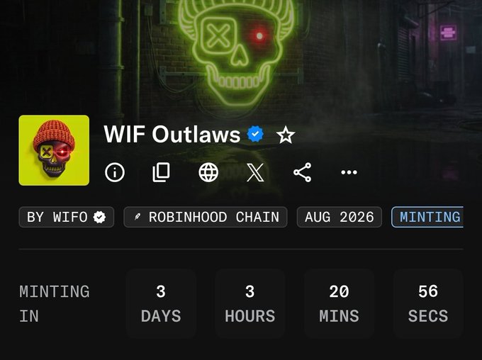 A promotional page for 'WIF Outlaws' NFT collection on Robinhood Chain by WIFO, showing a neon skull logo and a countdown of 3 days, 3 hours, 20 mins, 56 secs until minting in August 2026.
