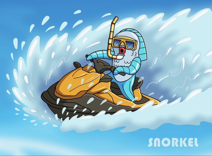 A cartoon snorkeler character with sunglasses, a snorkel, and a snorkel mask rides a yellow jet ski through splashing water, with 'SNORKEL' text and the number '33' visible.