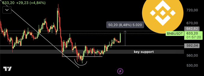 A Binance (BNB/USDT) candlestick chart showing a +4.84% gain to $633.20 (+$29.23), highlighting a "key support" zone near $592 and a target at $642.62 (8.48% upside), consistent with the post noting BNB hit $636 on the way to its take-profit target.