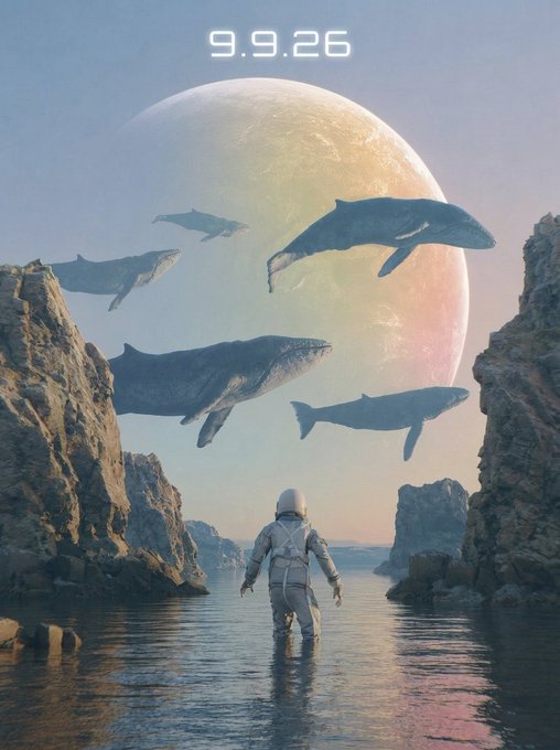 A surreal sci-fi illustration dated '9.9.26' showing an astronaut wading through water between rocky cliffs while giant whales float through the sky past a massive pale moon or planet.