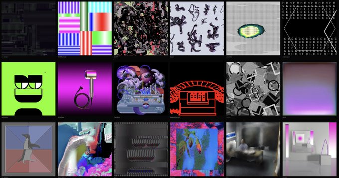 A grid of eighteen colorful abstract and psychedelic art pieces arranged in three rows, featuring various digital graphics, glitch art, and stylized designs.