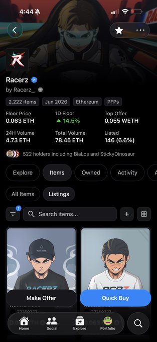 A screenshot of the "Racerz" NFT collection on Ethereum shows a floor price of 0.063 ETH with 2,222 items, a 24-hour volume of 4.73 ETH, and 522 holders including BiaLos and StickyDinosaur. The collection features illustrated racing characters, supporting the post's observation about the rising floor price and questioning whether the trend reflects genuine appreciation or speculation.