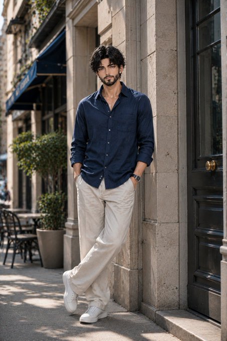 A young man with dark hair and a beard, wearing a navy blue button-down shirt and beige pants, leaning against a stone building on a city street.