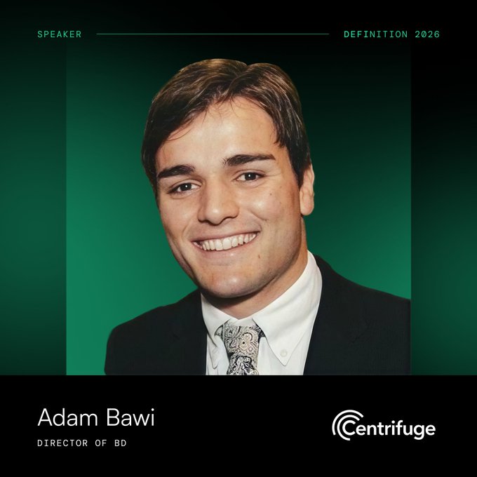 A speaker promotional graphic for Adam Bawi, Director of BD at Centrifuge, for the 'Definition 2026' event, featuring a young man in a suit and tie smiling against a green background.