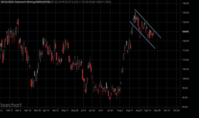 A stock chart for Newmont Mining [NEM] dated 09/22/2026 shows the price at $124.93, up $1.88 (+1.53%), with a descending channel pattern drawn in the upper right portion of the chart.