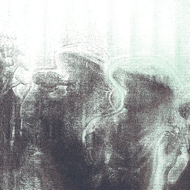A highly distorted, grainy black-and-white image showing a close-up of a man's face, heavily degraded with digital artifacts and noise.