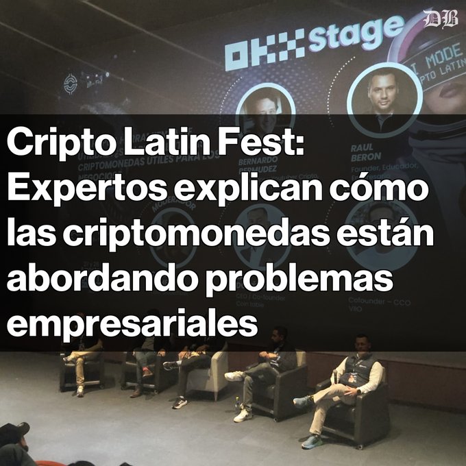 A panel of experts sits on stage at the 'OKX Stage' during the 'Cripto Latin Fest', with an overlay text reading 'Cripto Latin Fest: Expertos explican cómo las criptomonedas están abordando problemas empresariales'.