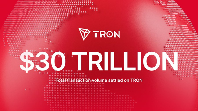 A TRON promotional graphic displaying '$30 TRILLION' as the total transaction volume settled on TRON, with a dotted globe background.