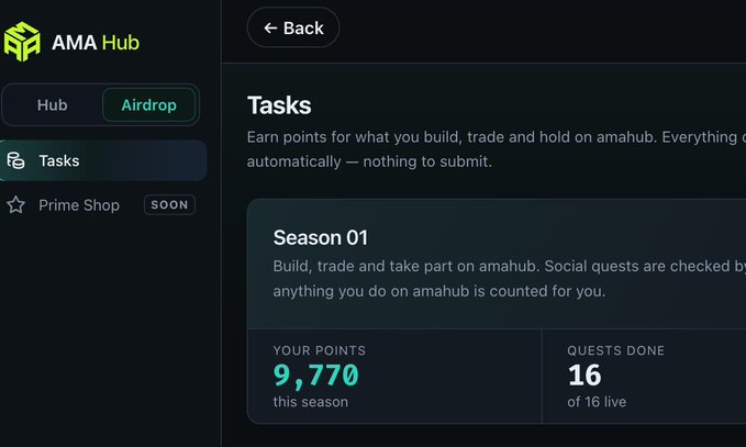 The image shows the AMA Hub Tasks page displaying Season 01, with the user's "YOUR POINTS" at 9,770 for this season and "QUESTS DONE" showing 16 of 16 live quests completed—matching the post's claim of 9,770 points with 16/16 quests done.