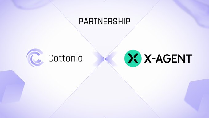 A partnership announcement graphic displays the Cottonia and X-AGENT logos with the word 'PARTNERSHIP' above them on a light purple background.