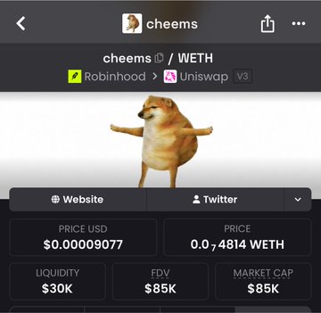 The image shows a trading chart for the meme coin "cheems" (ticker $WETH on Robinhood/Uniswap V3), featuring the iconic Cheems dog character, with stats displaying a price of $0.00009077, $30K liquidity, and an $85K market cap. This relates to the post by highlighting the modest $85K market cap at the time of posting, which the author celebrated as a new all-time high, bullish on potential million-dollar growth.