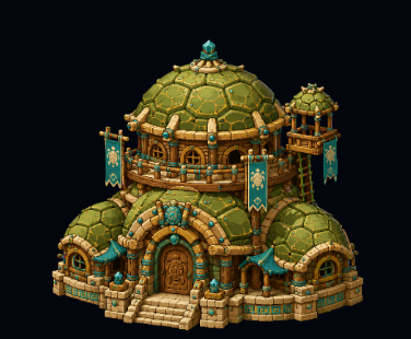 A fantasy 3D-rendered domed building with green tiled roofs, turquoise accents, and blue banners in an isometric game art style.