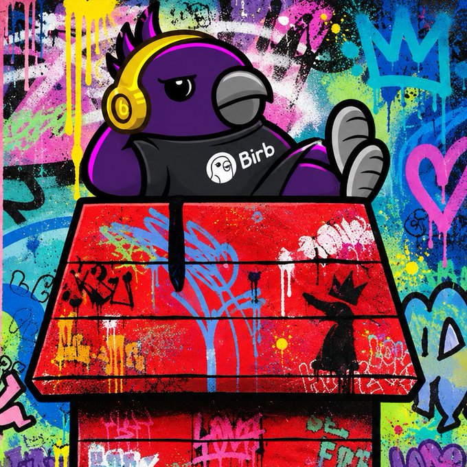 Colorful graffiti-style street art features a purple cartoon bird wearing yellow headphones and a black shirt with the word 'Birb' sitting on a red graffiti-covered rooftop against a vibrant, paint-splattered background.