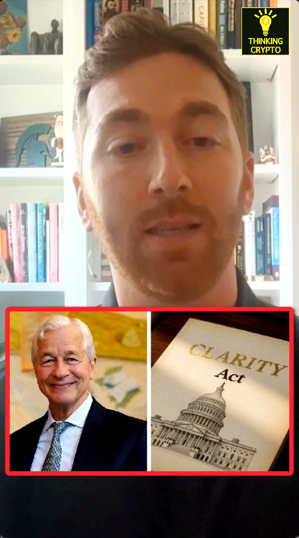 The image shows a man, identified by context as Cody Carbone, speaking in front of a bookshelf, with an inset graphic featuring a portrait of Jamie Dimon beside a document labeled "CLARITY Act" and an image of the U.S. Capitol under the "Thinking Crypto" banner. The graphics visually support the discussion about the CLARITY Act's potential benefits for banks in clarifying crypto regulations.