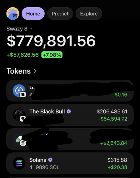 A crypto portfolio screenshot showing a wallet named "Swazy 8" with a total value of $779,891.56, up +$57,626.56 (7.98%), featuring tokens like "The Black Bull" ($206,485.61, +$54,594.72) and Solana (4.19896 SOL, $315.88). The image appears to showcase a trader's successful gains, likely posted to support the post's message about holding $ANSEM tokens for potential moon-bound gains.
