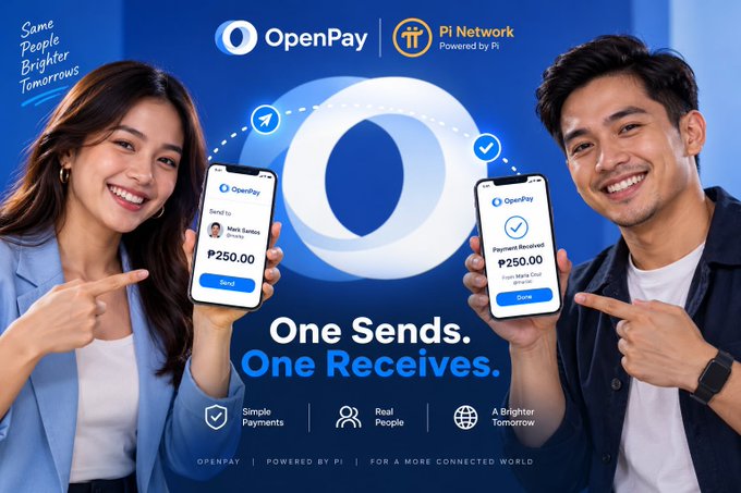 A promotional image for OpenPay, a payment service powered by Pi Network, featuring a smiling woman holding a phone showing a ₱250.00 "Send" transaction to Maria Santos, alongside a smiling man displaying a "Payment Received" confirmation on his phone. The ad highlights the tagline "One Sends. One Receives" along with "Same People Brighter Tomorrows," showcasing OpenPay's simple, peer-to-peer payment system connecting real people worldwide.