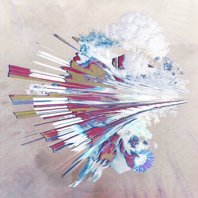 An abstract artwork with a beige background featuring dynamic, colorful streaks of red, blue, white, and gold bursting outward, accented by textured white crystalline or floral elements.