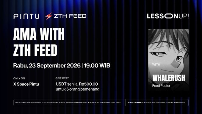 Promotional banner for an AMA session titled "AMA with ZTH Feed" featuring Whalerush as the Feed Poster, scheduled for Wednesday, September 23, 2026 at 19:00 WIB, exclusively on X Space Pintu, with a giveaway of Rp500,000 in USDT for 5 winners.