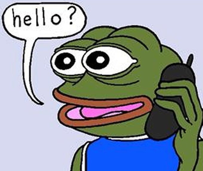 A crudely drawn green Pepe the Frog character holds a phone to his ear, saying "hello?" in a speech bubble. The image is a popular meme often used to convey awkwardness or uncertainty in phone conversations.