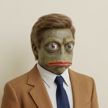 A man in a tan suit jacket, white shirt, and blue tie wears a distorted Pepe the Frog mask.