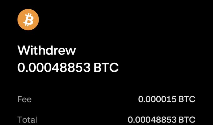 A Bitcoin withdrawal confirmation screen showing 0.00048853 BTC withdrawn with a fee of 0.000015 BTC.