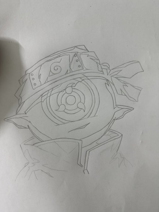 A pencil sketch on white paper depicting an anime-style character wearing a ninja headband with a spiral symbol on it, the drawing appearing to be a work-in-progress.