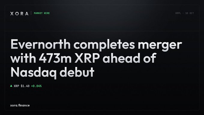 A dark-themed market wire graphic from Xora finance with the headline 'Evernorth completes merger with 473m XRP ahead of Nasdaq debut,' displaying XRPL · 10 OCT and XRP price of $1.40 (+0.04%).