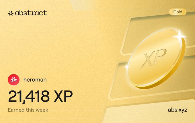 A digital gold-themed achievement card from 'abstract' displays '21,418 XP Earned this week' for the user 'heroman'.