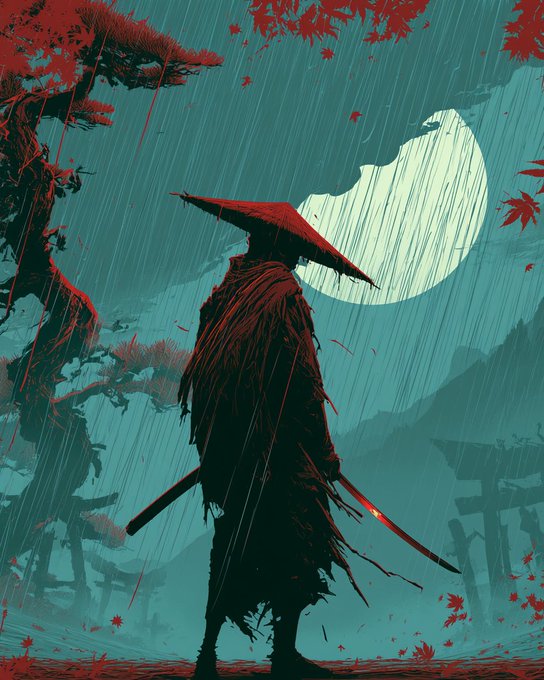The image features a man dressed as a warrior, holding a sword and wearing a red hat with a pointed top. He stands against a backdrop of trees and mountains under a full moon, creating an atmosphere of mystery and adventure. The caption "QT Your Ronin" suggests that this image is related to the QT Your Ronin series or a similar online community where users share their artwork and stories inspired by Japanese culture and mythology.
