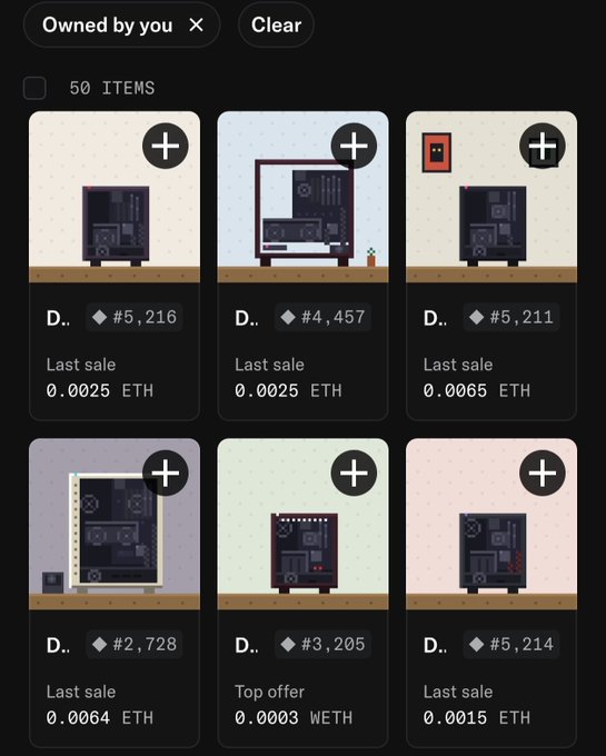 A mobile app screen displays a grid of pixel-art NFT collectibles under 'Owned by you', with six items shown and prices listed in ETH ranging from 0.0015 to 0.0065.