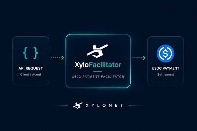 This image visualizes the XyloFacilitator, an x402 payment facilitator, handling an API Request from a client to achieve USDC Payment Settlement. The diagram illustrates how XyloFacilitator acts as an intermediary for developers to monetize APIs.