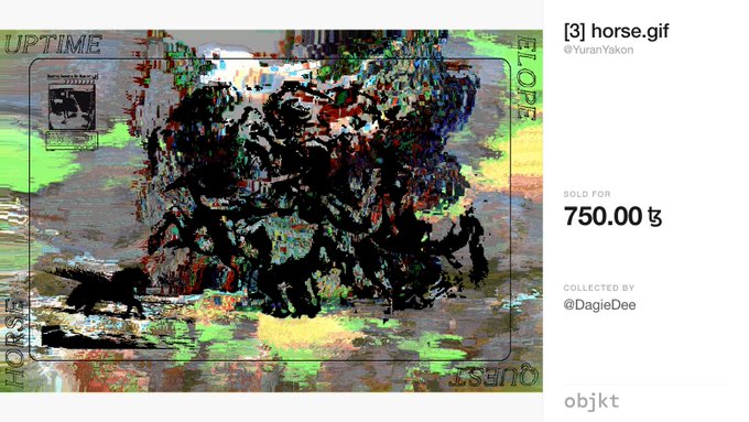 A digital art listing titled '[3] horse.gif' by @YuranYakon, displayed on the objkt platform, showing a heavily glitched and pixelated image of a horse with 'HORSE', 'UPTIME', and 'GLITCH' text, sold for 750.00 tz.