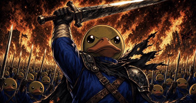 A fierce duck warrior in blue armor triumphantly raises a sword against an army of duck soldiers with a fiery battlefield in the background, rallying its troops like a fearless leader.

The image ties into the post's theme of standing up and joining the battle for $EPIK creators—the duck warrior embodies the determined, "charge forward" spirit being encouraged for those actively creating and supporting, rather than remaining "on the sidelines."