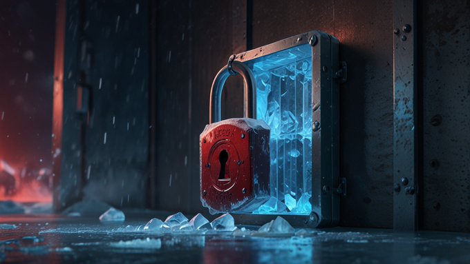 A digital artwork showing a rusty red padlock on a metal door surrounded by ice crystals and shards, with blue glowing ice encasing the lock mechanism in a dark atmospheric setting.