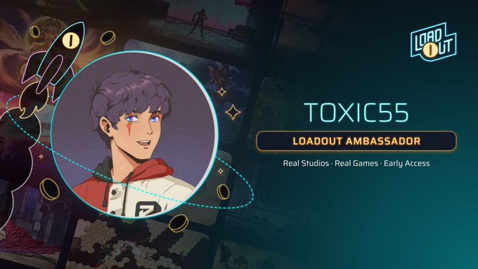 A promotional card for 'TOXIC55', labeled as a 'LOADOUT AMBASSADOR' for the game Loadout, featuring an anime-style character portrait.