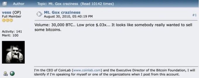 A forum post screenshot from August 30, 2010, titled 'Mt. Gox craziness' by user 'vess' (Full Member), commenting on a 30,000 BTC volume sell-off with a signature identifying the author as CEO of CoinLab and Executive Director of the Bitcoin Foundation.